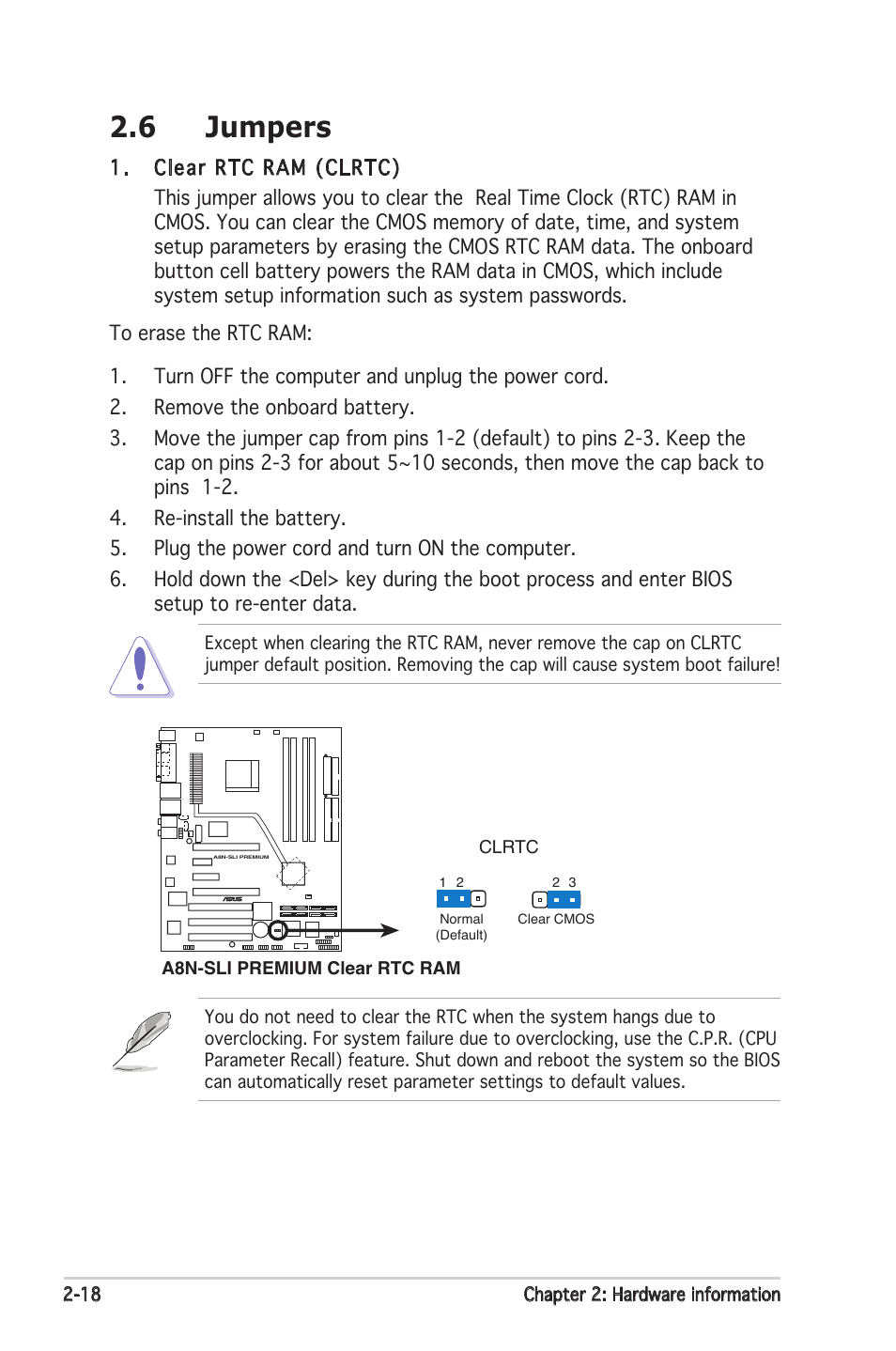 6 jumpers | Asus Motherboard A8N-SLI Premium User Manual | Page 44 / 182