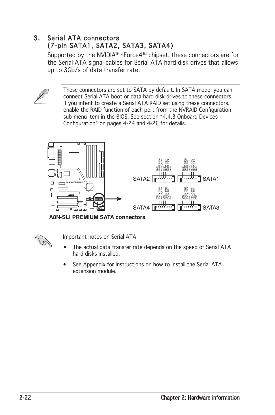 22 chapter 2: hardware information, A8n-sli premium sata connectors sata3 sata4, Sata1 sata2 | Asus Motherboard A8N-SLI Premium User Manual | Page 48 / 182