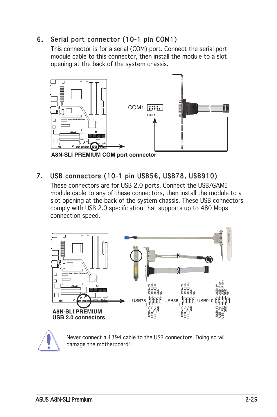 Asus a8n-sli premium 2-25, A8n-sli premium com port connector, Com1 | A8n-sli premium usb 2.0 connectors | Asus Motherboard A8N-SLI Premium User Manual | Page 51 / 182