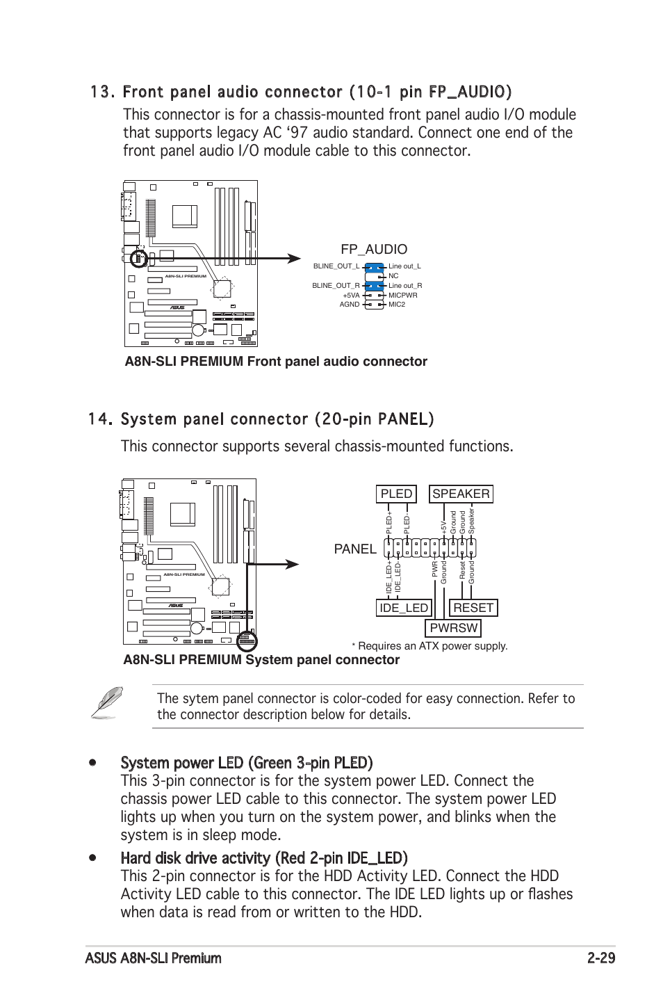 Asus a8n-sli premium 2-29, A8n-sli premium system panel connector, Panel | Asus Motherboard A8N-SLI Premium User Manual | Page 55 / 182