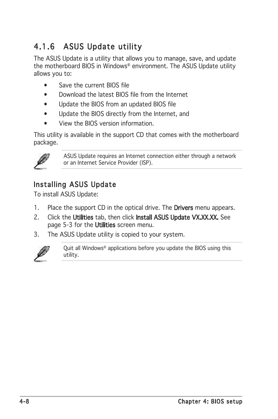 6 asus update utility, Installing asus update | Asus Motherboard A8N-SLI Premium User Manual | Page 76 / 182