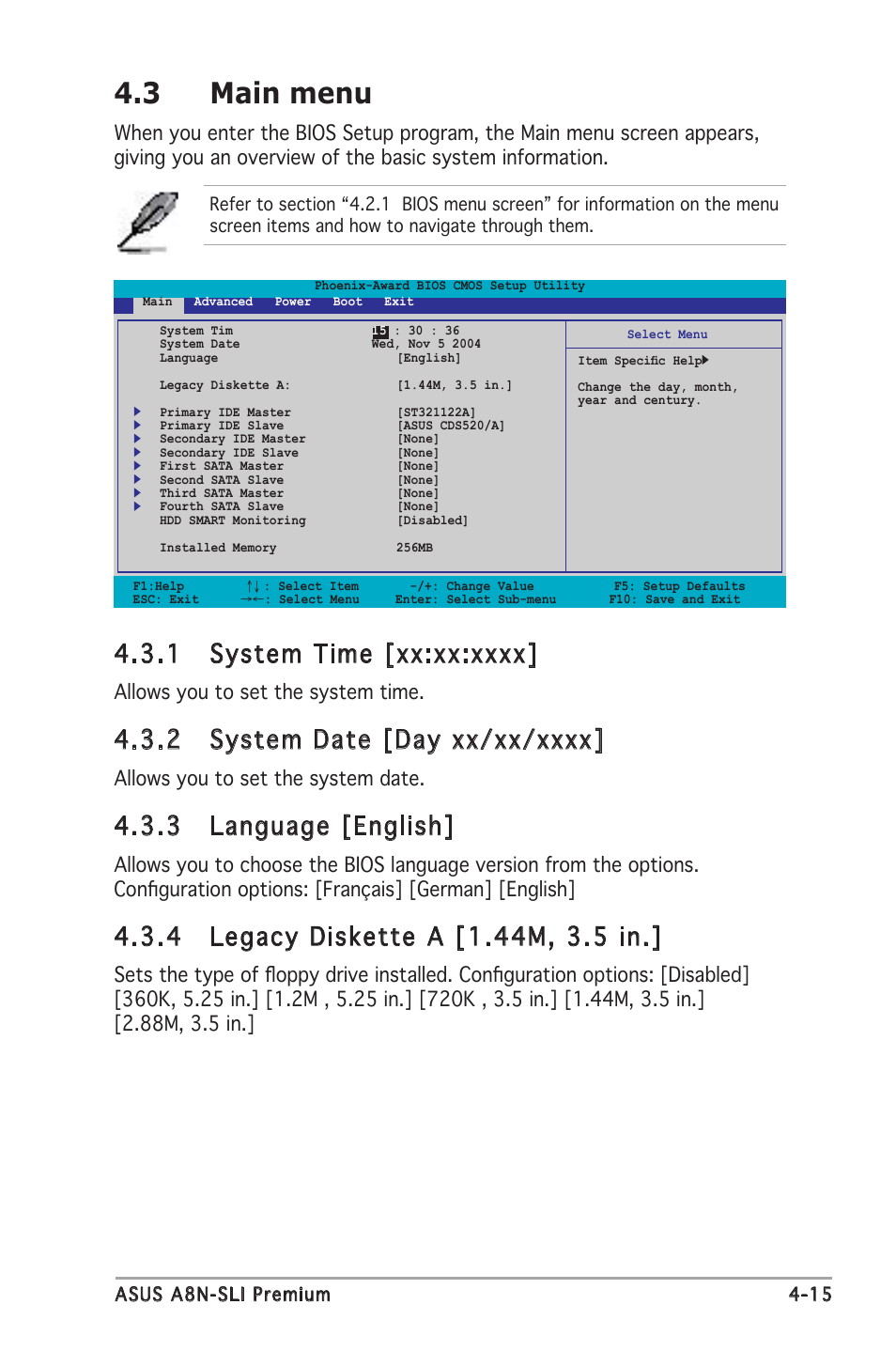 3 main menu, 3 language [english, Allows you to set the system time | Allows you to set the system date | Asus Motherboard A8N-SLI Premium User Manual | Page 83 / 182