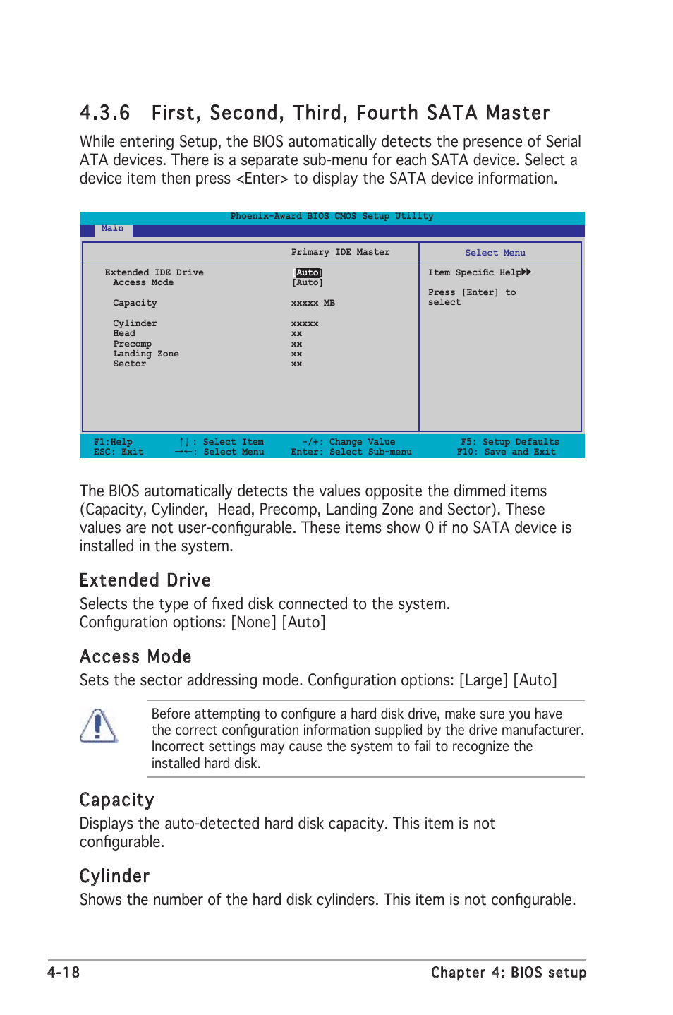 6 first, second, third, fourth sata master, Extended drive, Access mode | Capacity, Cylinder | Asus Motherboard A8N-SLI Premium User Manual | Page 86 / 182