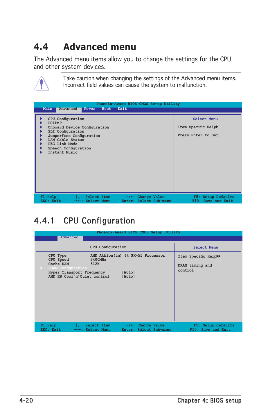 4 advanced menu, 1 cpu configuration, 20 chapter 4: bios setup | Asus Motherboard A8N-SLI Premium User Manual | Page 88 / 182