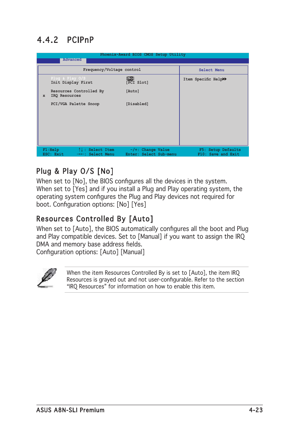 2 pcipnp, Plug & play o/s [no, Resources controlled by [auto | Asus Motherboard A8N-SLI Premium User Manual | Page 91 / 182