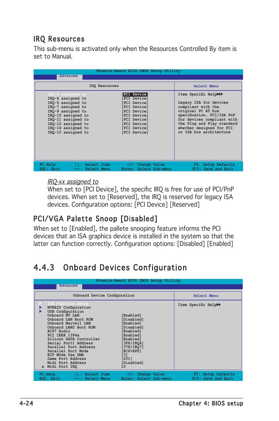 3 onboard devices configuration, Irq resources, Pci/vga palette snoop [disabled | 24 chapter 4: bios setup | Asus Motherboard A8N-SLI Premium User Manual | Page 92 / 182