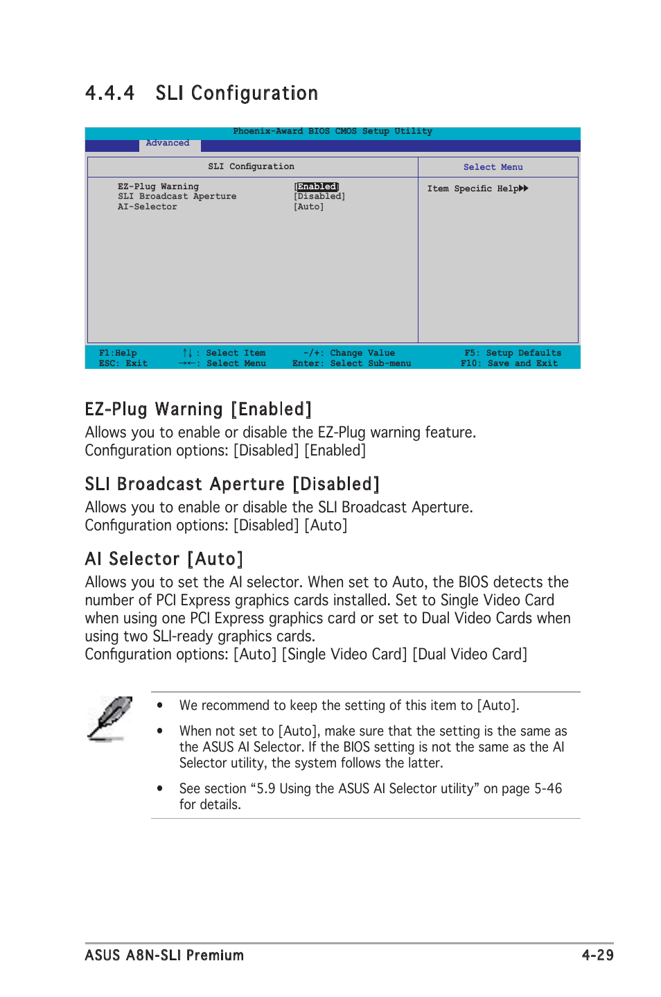 4 sli configuration, Ez-plug warning [enabled, Sli broadcast aperture [disabled | Ai selector [auto | Asus Motherboard A8N-SLI Premium User Manual | Page 97 / 182