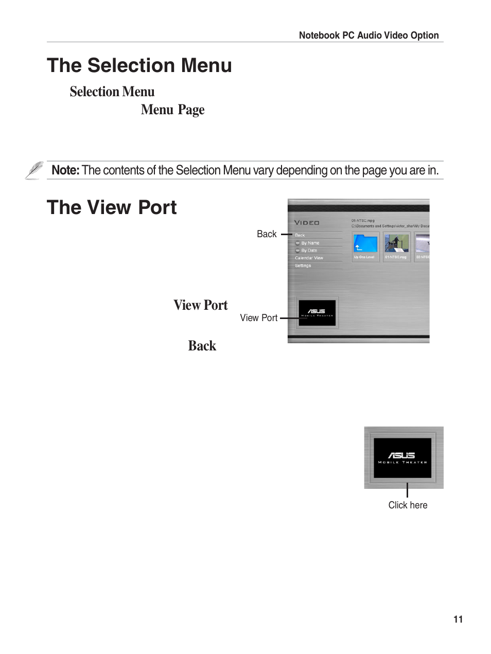 The view port, The selection menu | Asus E1897 User Manual | Page 11 / 31