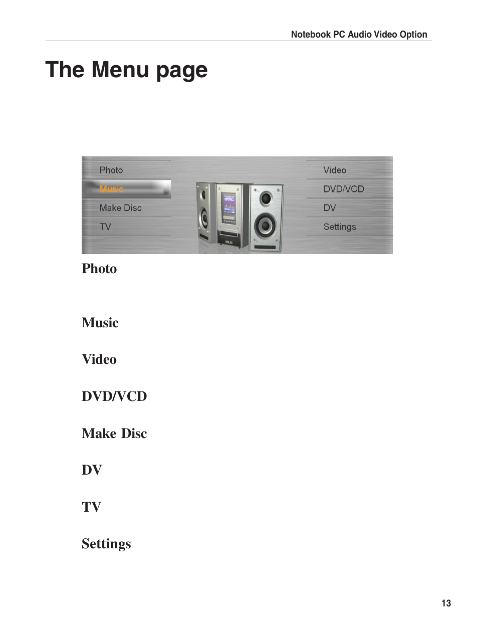 The menu page | Asus E1897 User Manual | Page 13 / 31