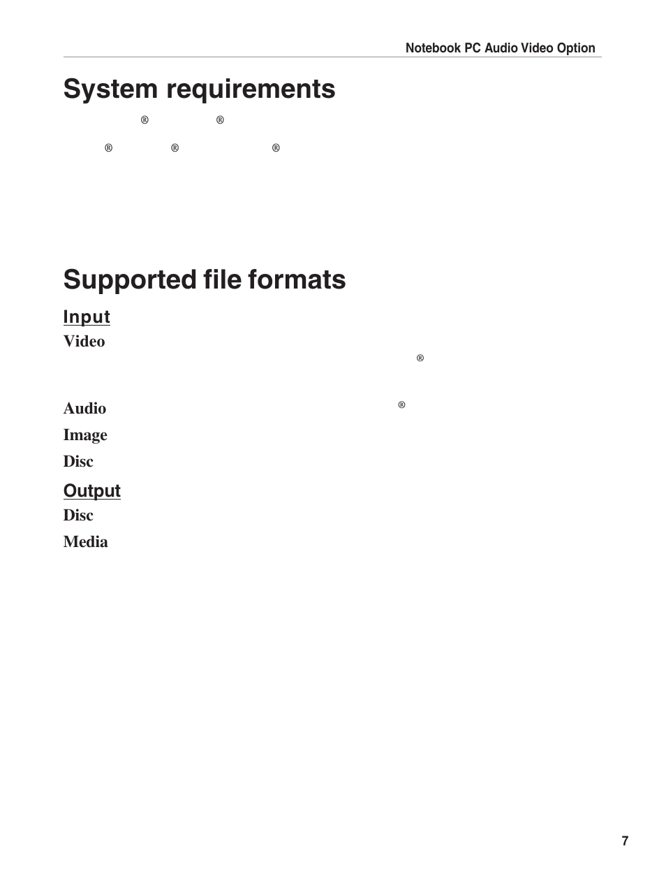 System requirements, Supported file formats, Microsoft | Windows, Xp • intel, Pentium, M or pentium | Asus E1897 User Manual | Page 7 / 31