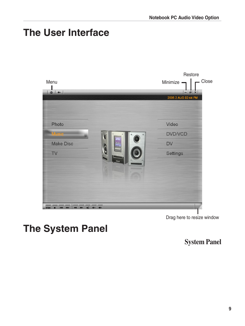 The user interface, The system panel | Asus E1897 User Manual | Page 9 / 31