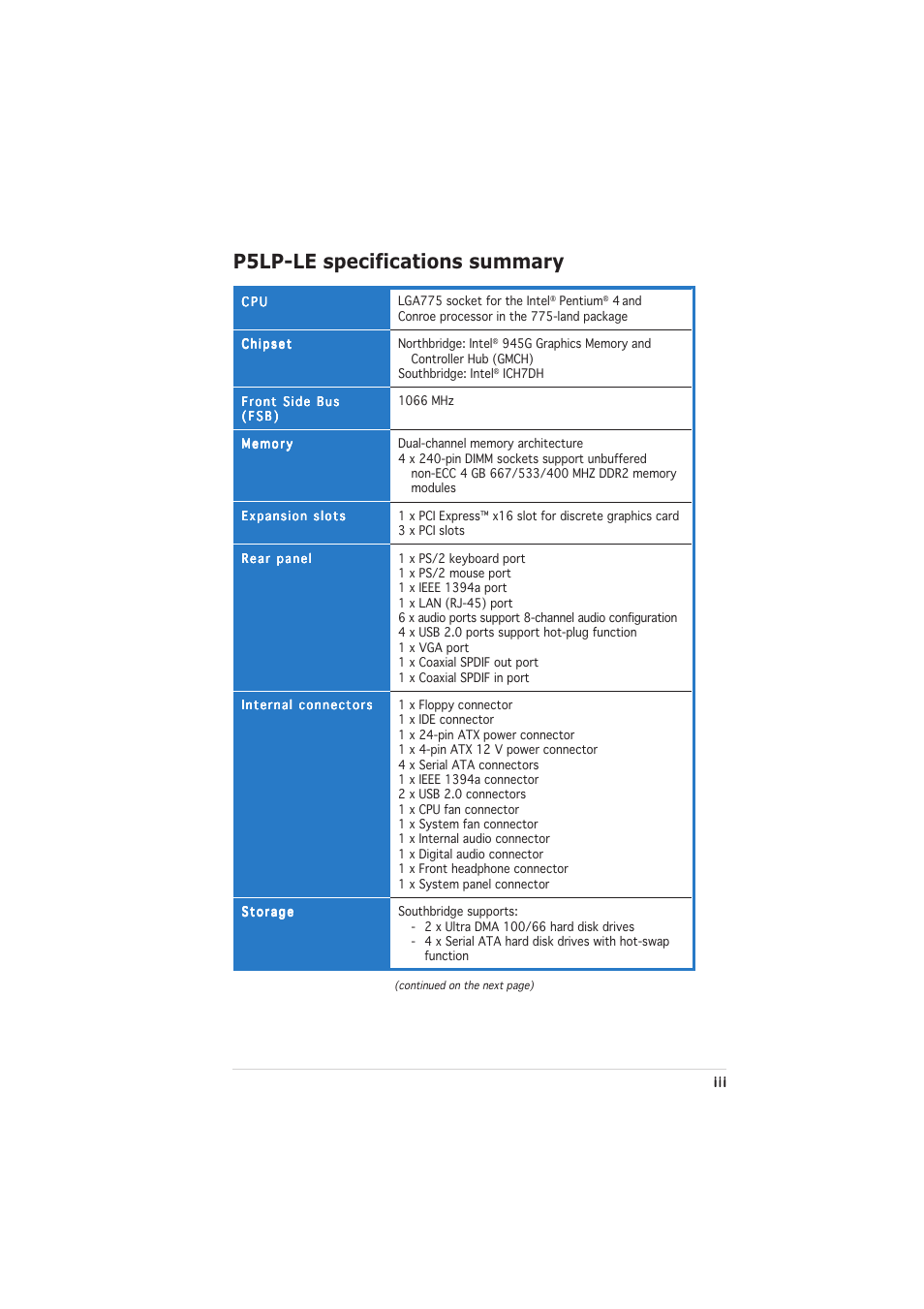 P5lp-le specifications summary | Asus Leonite P5LP-LE User Manual | Page 3 / 26