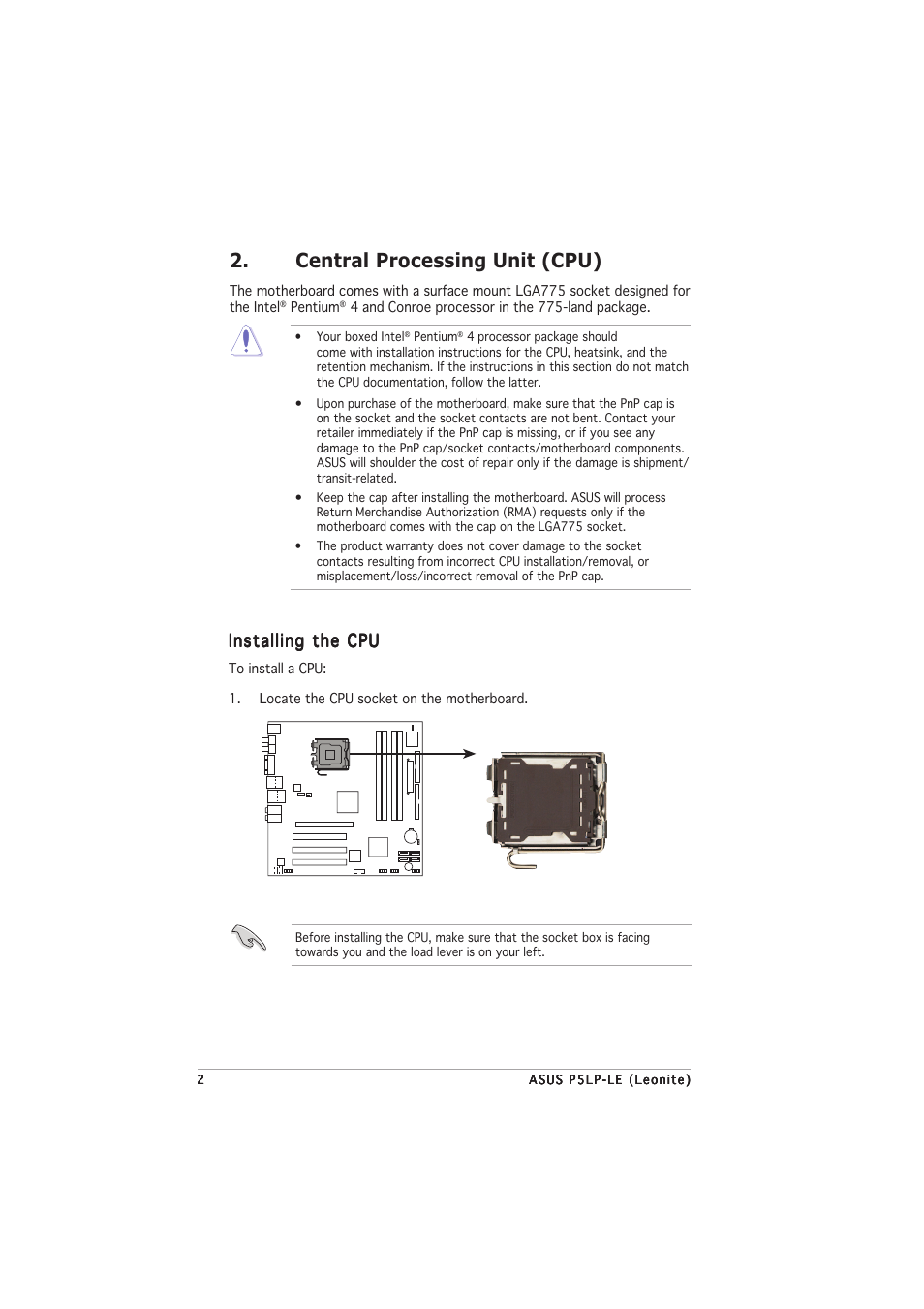 Central processing unit (cpu), Installing the cpu | Asus Leonite P5LP-LE User Manual | Page 6 / 26