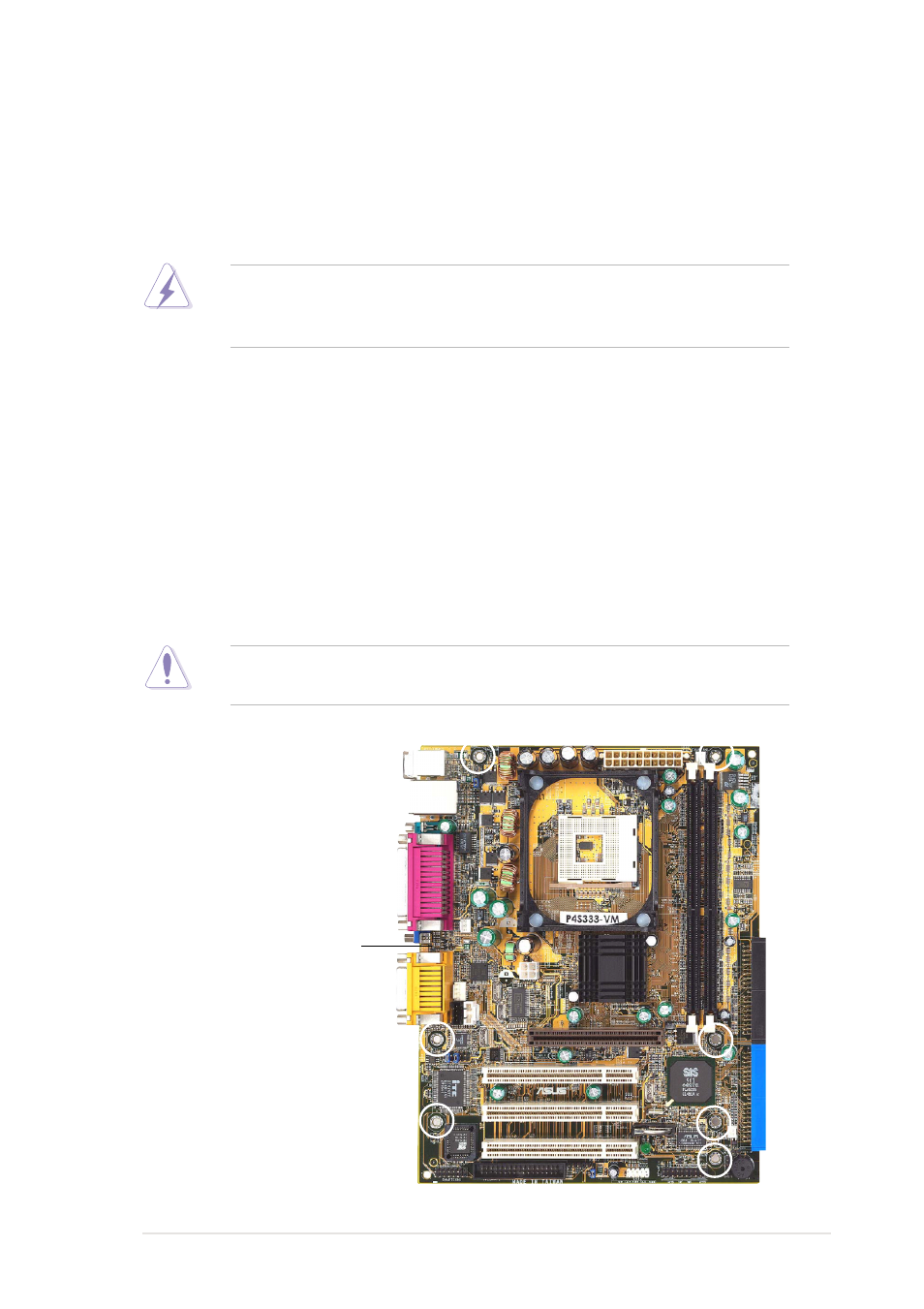 1 motherboard installation, 1 placement direction, 2 screw holes | Asus Motherboard P4S333-VM User Manual | Page 23 / 112