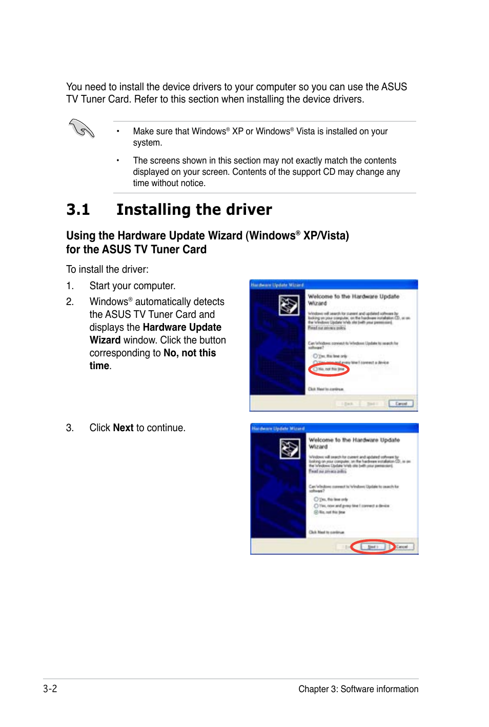 1 installing the driver, Using the hardware update wizard (windows, Xp/vista) for the asus tv tuner card | Asus U3000I User Manual | Page 16 / 18