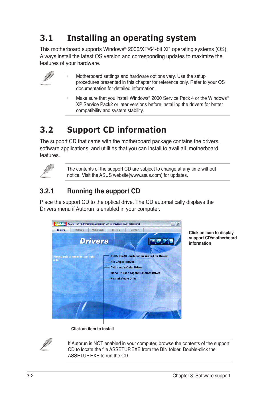 1 installing an operating system, 2 support cd information, 1 running the support cd | Asus M2A-MVP User Manual | Page 100 / 106