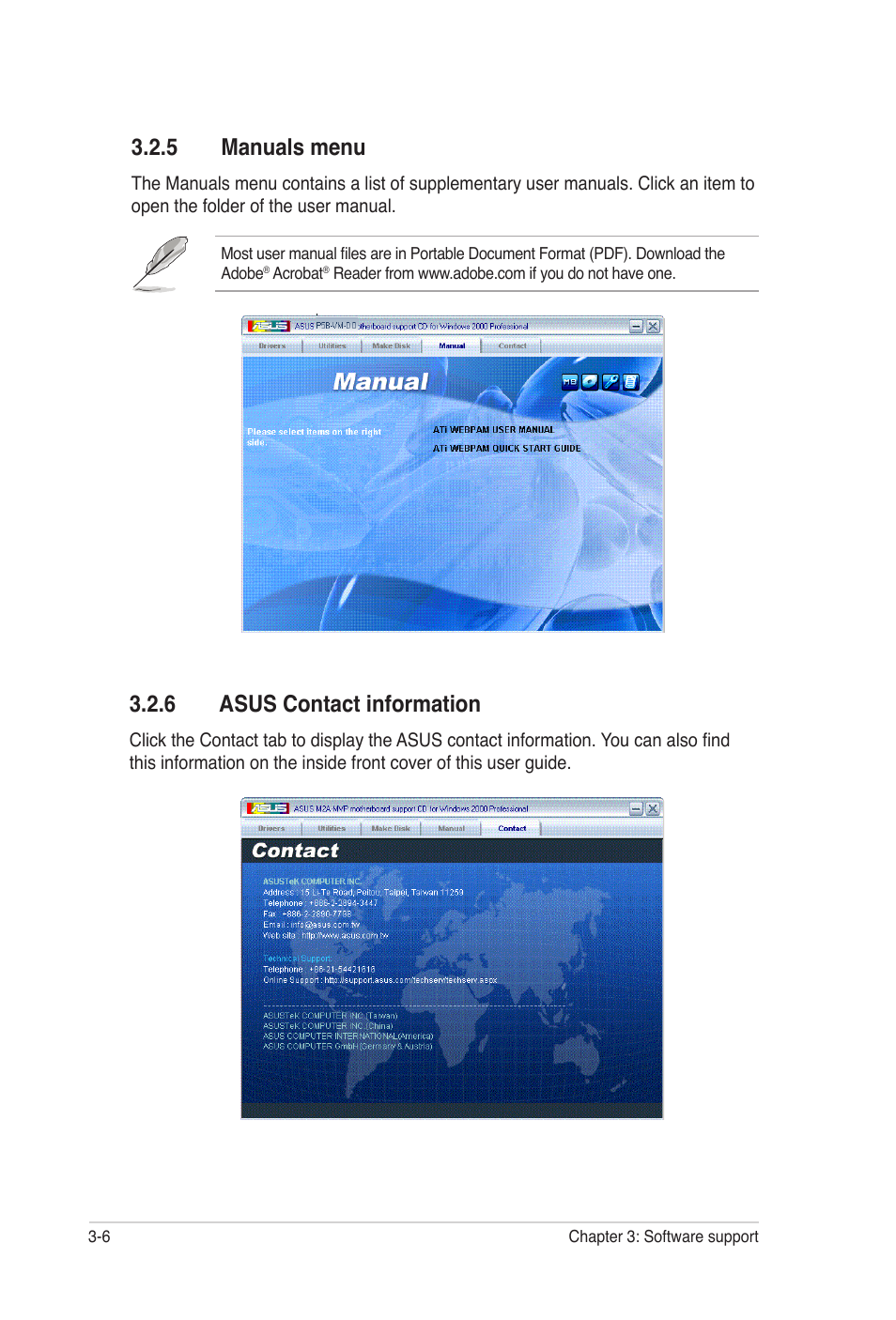 5 manuals menu, 6 asus contact information | Asus M2A-MVP User Manual | Page 104 / 106