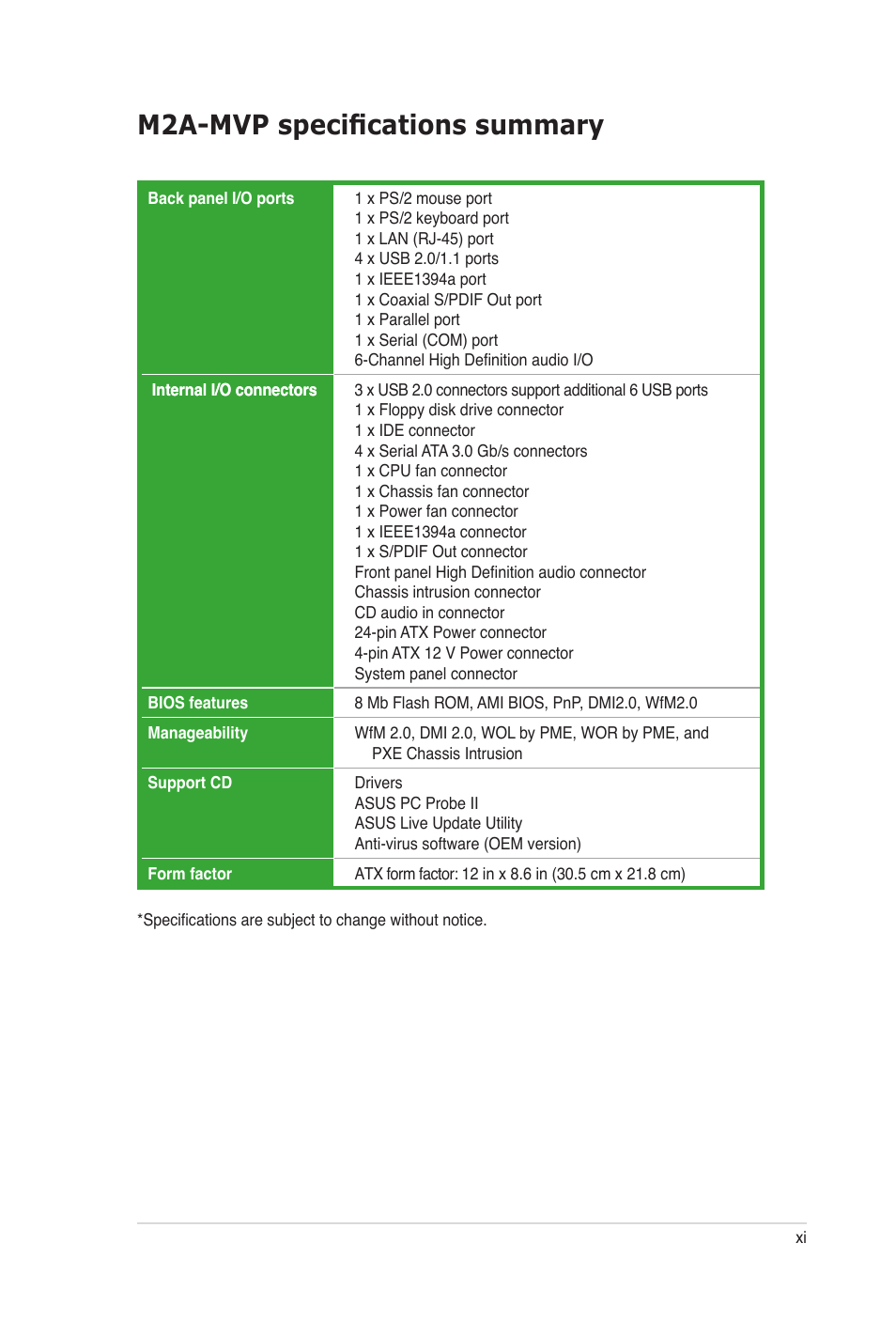 M2a-mvp specifications summary | Asus M2A-MVP User Manual | Page 11 / 106