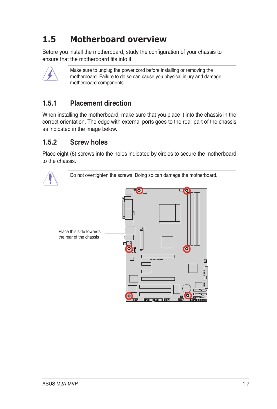 5 motherboard overview, 1 placement direction, 2 screw holes | Asus M2A-MVP User Manual | Page 19 / 106