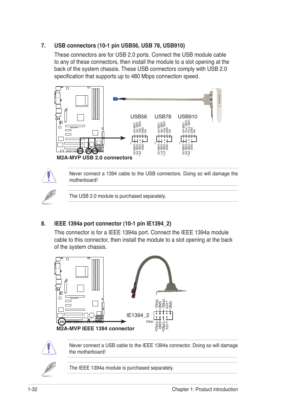 32 chapter 1: product introduction, Usb78, Usb910 | The usb 2.0 module is purchased separately | Asus M2A-MVP User Manual | Page 44 / 106