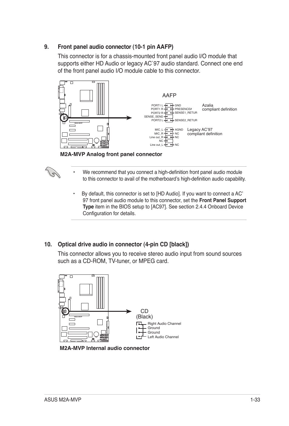 Asus m2a-mvp 1-33, M2a-mvp analog front panel connector aafp, M2a-mvp internal audio connector cd (black) | Asus M2A-MVP User Manual | Page 45 / 106