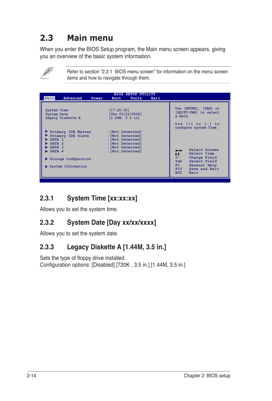 3 main menu, 1 system time [xx:xx:xx, 2 system date [day xx/xx/xxxx | 3 legacy diskette a [1.44m, 3.5 in, Allows you to set the system time, Allows you to set the system date | Asus M2A-MVP User Manual | Page 62 / 106