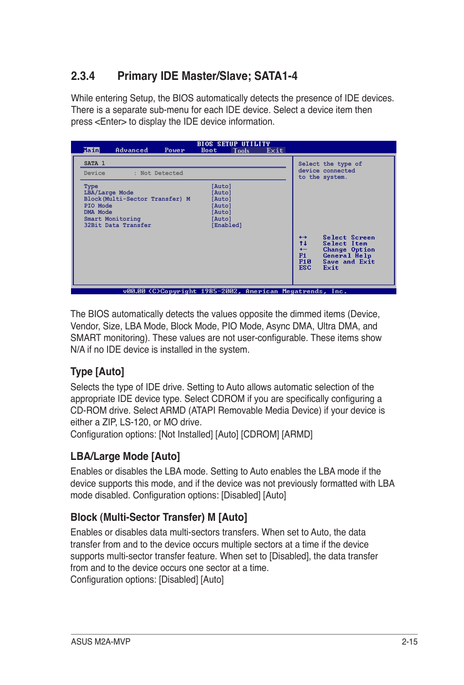 4 primary ide master/slave; sata1-4, Type [auto, Lba/large mode [auto | Block (multi-sector transfer) m [auto | Asus M2A-MVP User Manual | Page 63 / 106