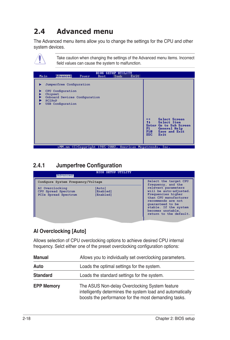 4 advanced menu, 1 jumperfree configuration, Ai overclocking [auto | Asus M2A-MVP User Manual | Page 66 / 106