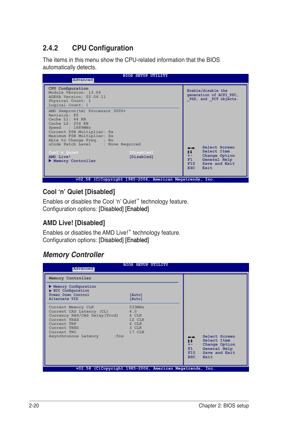 2 cpu configuration, Cool ‘n’ quiet [disabled, Amd live! [disabled | Enables or disables the cool ‘n’ quiet, Enables or disables the amd live | Asus M2A-MVP User Manual | Page 68 / 106