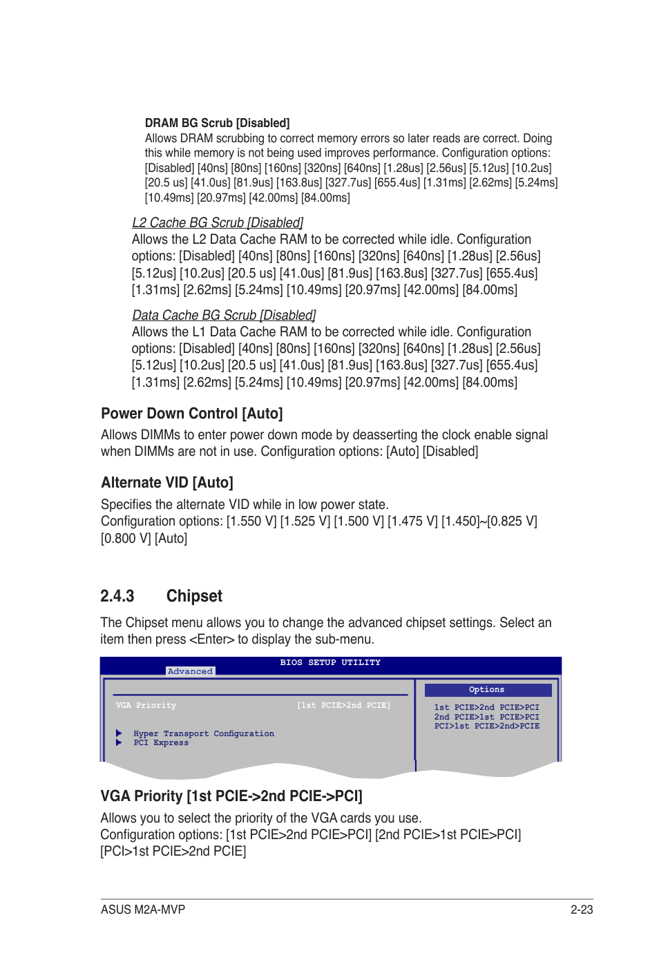3 chipset, Power down control [auto, Alternate vid [auto | Vga priority [1st pcie->2nd pcie->pci | Asus M2A-MVP User Manual | Page 71 / 106