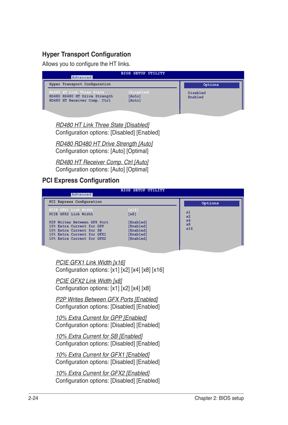 Pci express configuration, Hyper transport configuration, Allows you to configure the �t links | Asus M2A-MVP User Manual | Page 72 / 106