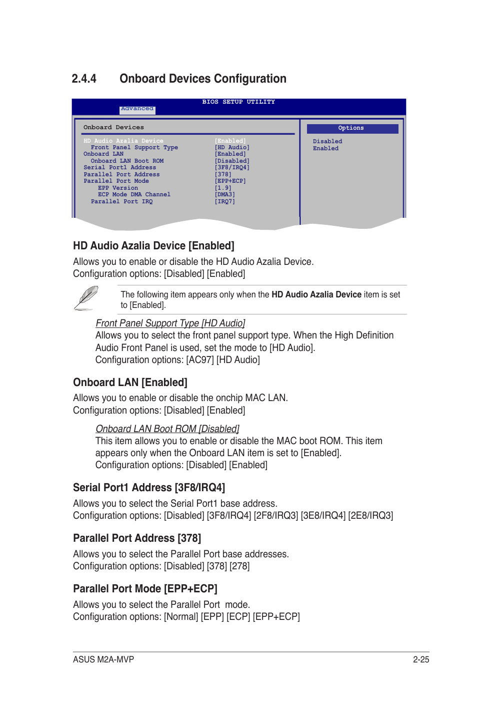 4 onboard devices configuration, Hd audio azalia device [enabled, Onboard lan [enabled | Serial port1 address [3f8/irq4, Parallel port address [378, Parallel port mode [epp+ecp | Asus M2A-MVP User Manual | Page 73 / 106