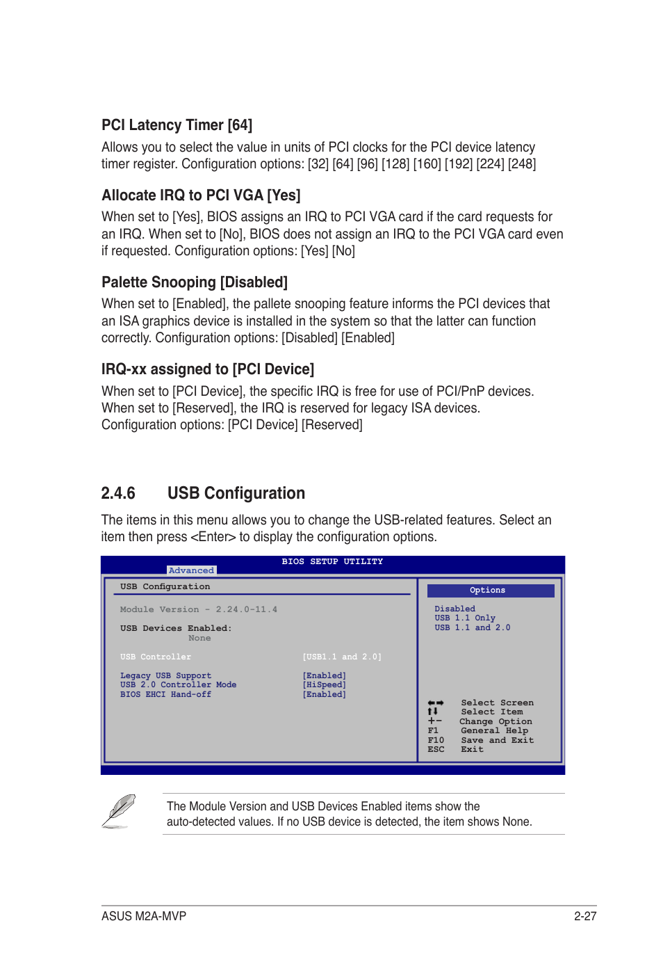 6 usb configuration, Pci latency timer [64, Allocate irq to pci vga [yes | Palette snooping [disabled, Irq-xx assigned to [pci device | Asus M2A-MVP User Manual | Page 75 / 106