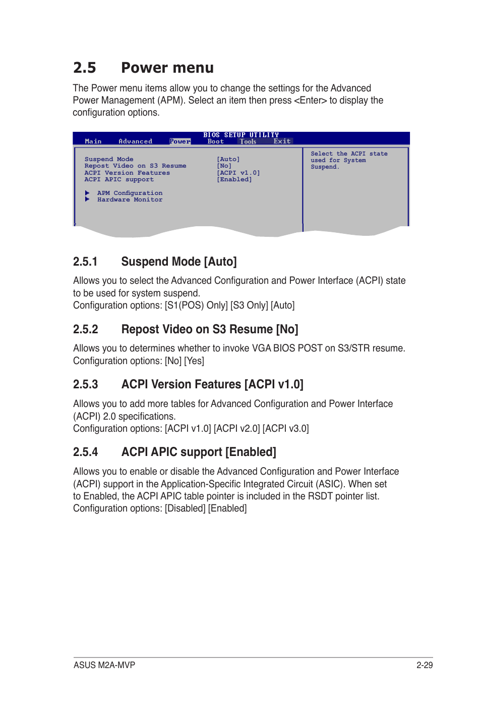 5 power menu, 1 suspend mode [auto, 2 repost video on s3 resume [no | 3 acpi version features [acpi v1.0, 4 acpi apic support [enabled | Asus M2A-MVP User Manual | Page 77 / 106