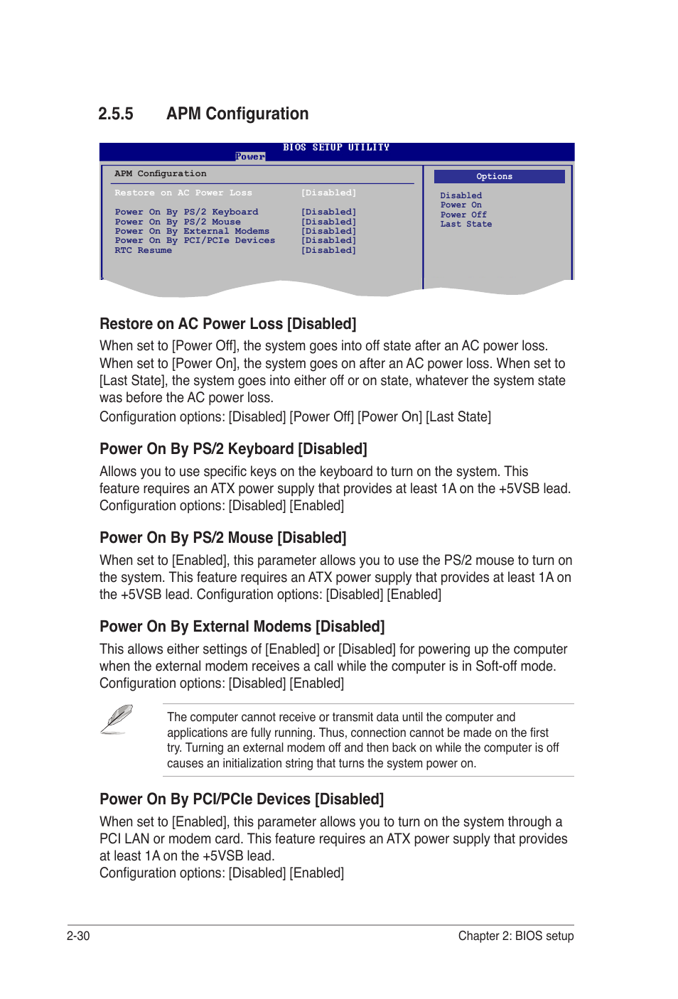 5 apm configuration, Restore on ac power loss [disabled, Power on by ps/2 keyboard [disabled | Power on by ps/2 mouse [disabled, Power on by external modems [disabled, Power on by pci/pcie devices [disabled | Asus M2A-MVP User Manual | Page 78 / 106