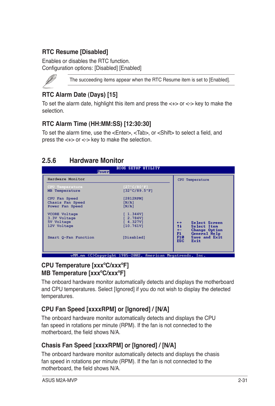 6 hardware monitor, Rtc resume [disabled, Rtc alarm date (days) [15 | Asus M2A-MVP User Manual | Page 79 / 106