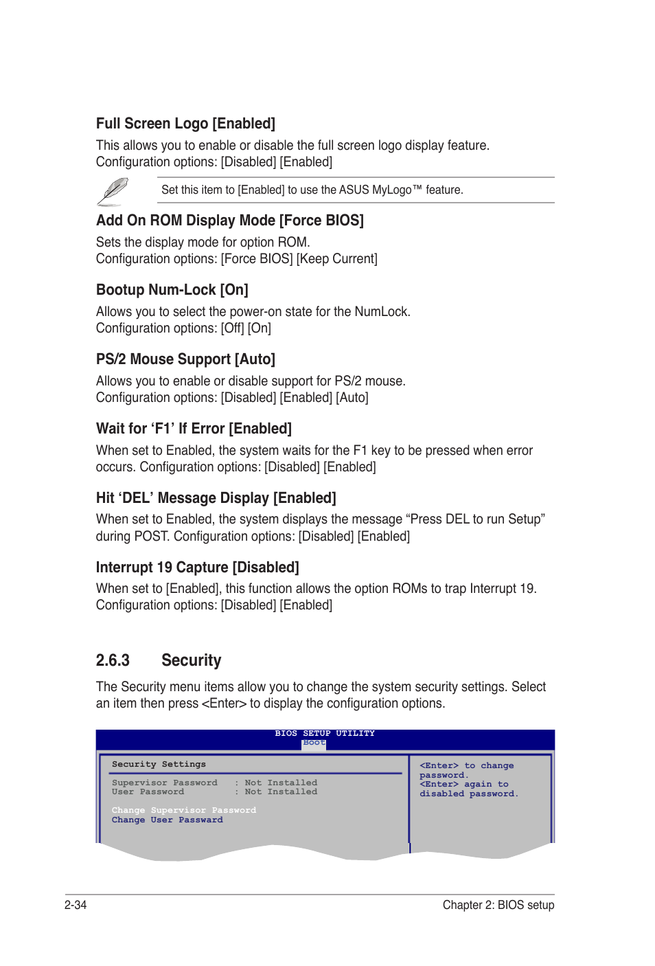 3 security, 1 boot device priority, Full screen logo [enabled | Add on rom display mode [force bios, Bootup num-lock [on, Ps/2 mouse support [auto, Wait for ‘f1’ if error [enabled, Hit ‘del’ message display [enabled, Interrupt 19 capture [disabled | Asus M2A-MVP User Manual | Page 82 / 106