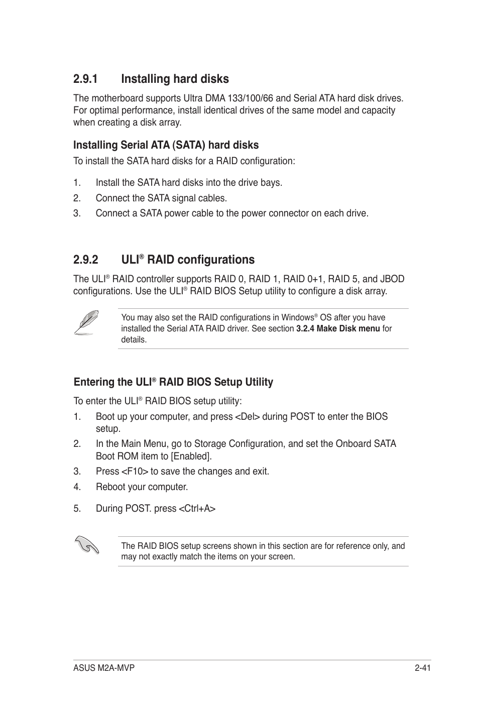 1 installing hard disks, 2 uli® raid configurations, 2 uli | Raid configurations | Asus M2A-MVP User Manual | Page 89 / 106