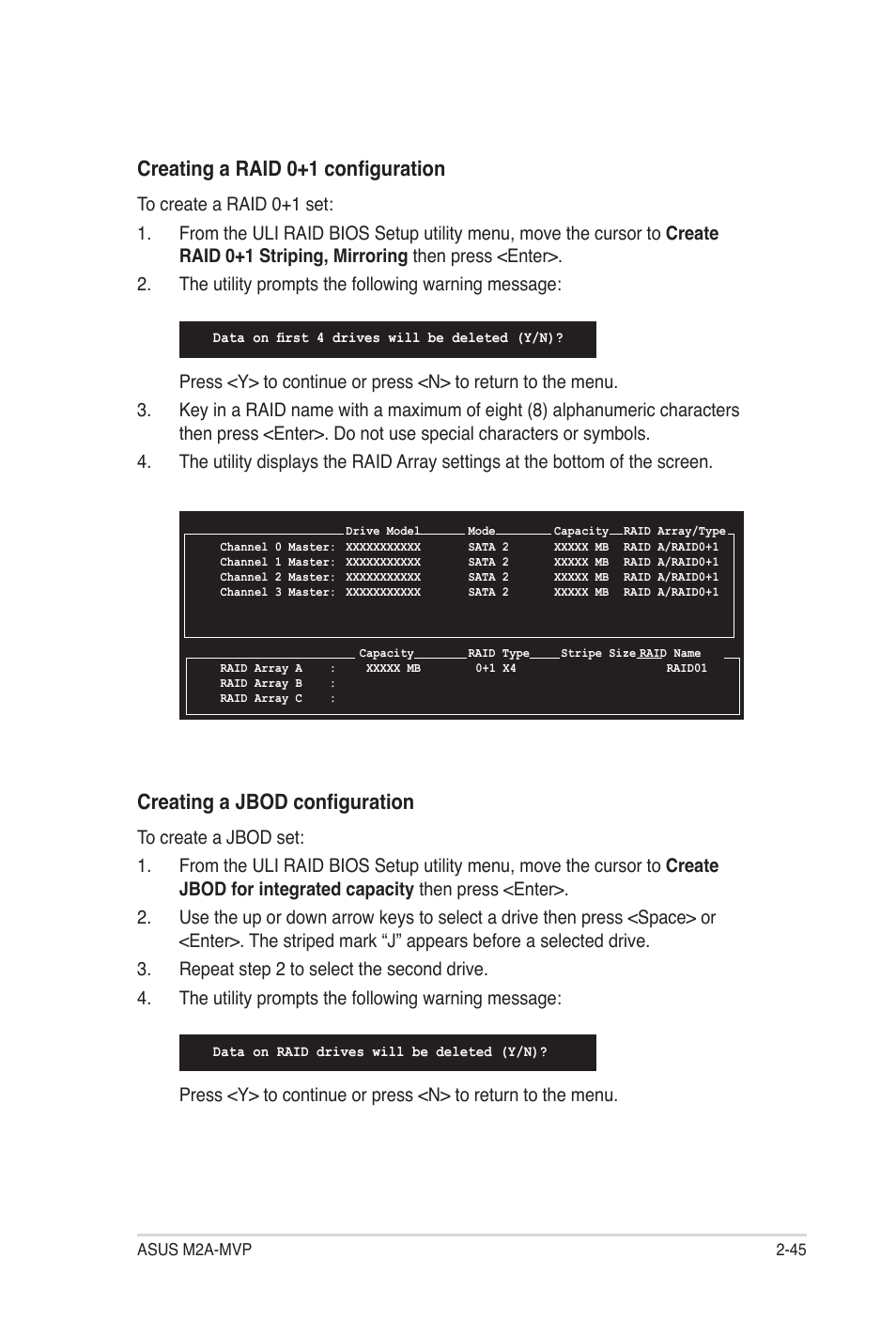 Creating a jbod configuration, Creating a raid 0+1 configuration | Asus M2A-MVP User Manual | Page 93 / 106
