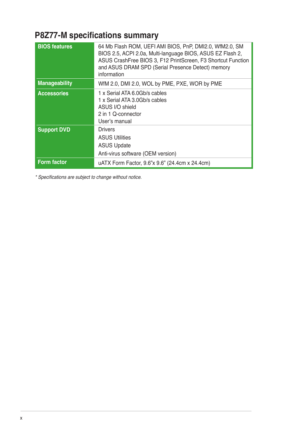 P8z77-m specifications summary | Asus Motherboard P8Z77-M User Manual | Page 10 / 74