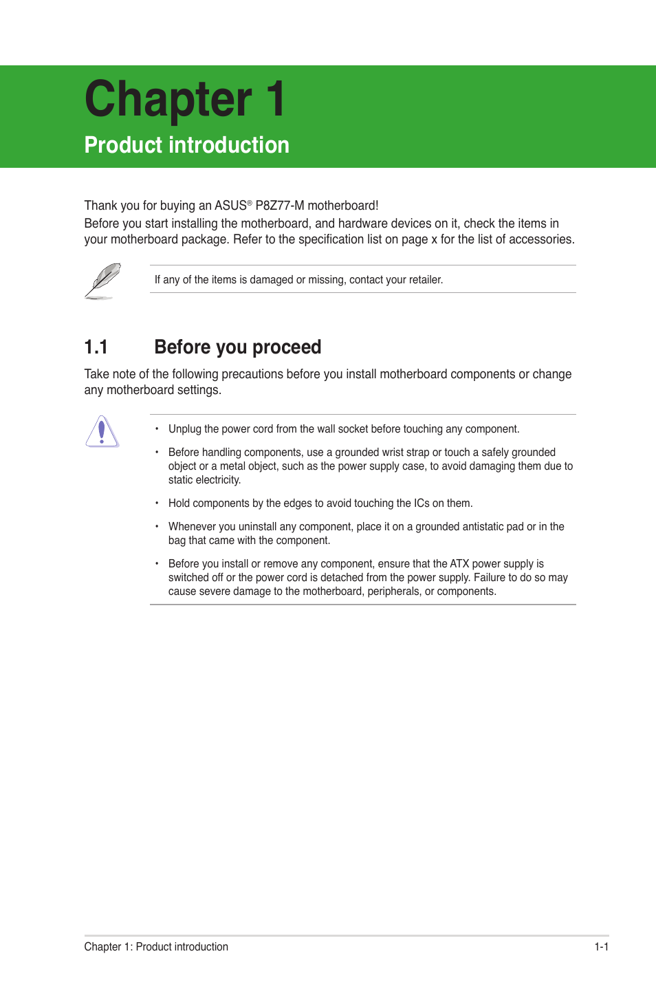 Chapter 1, Product introduction, 1 before you proceed | Before you proceed -1 | Asus Motherboard P8Z77-M User Manual | Page 11 / 74