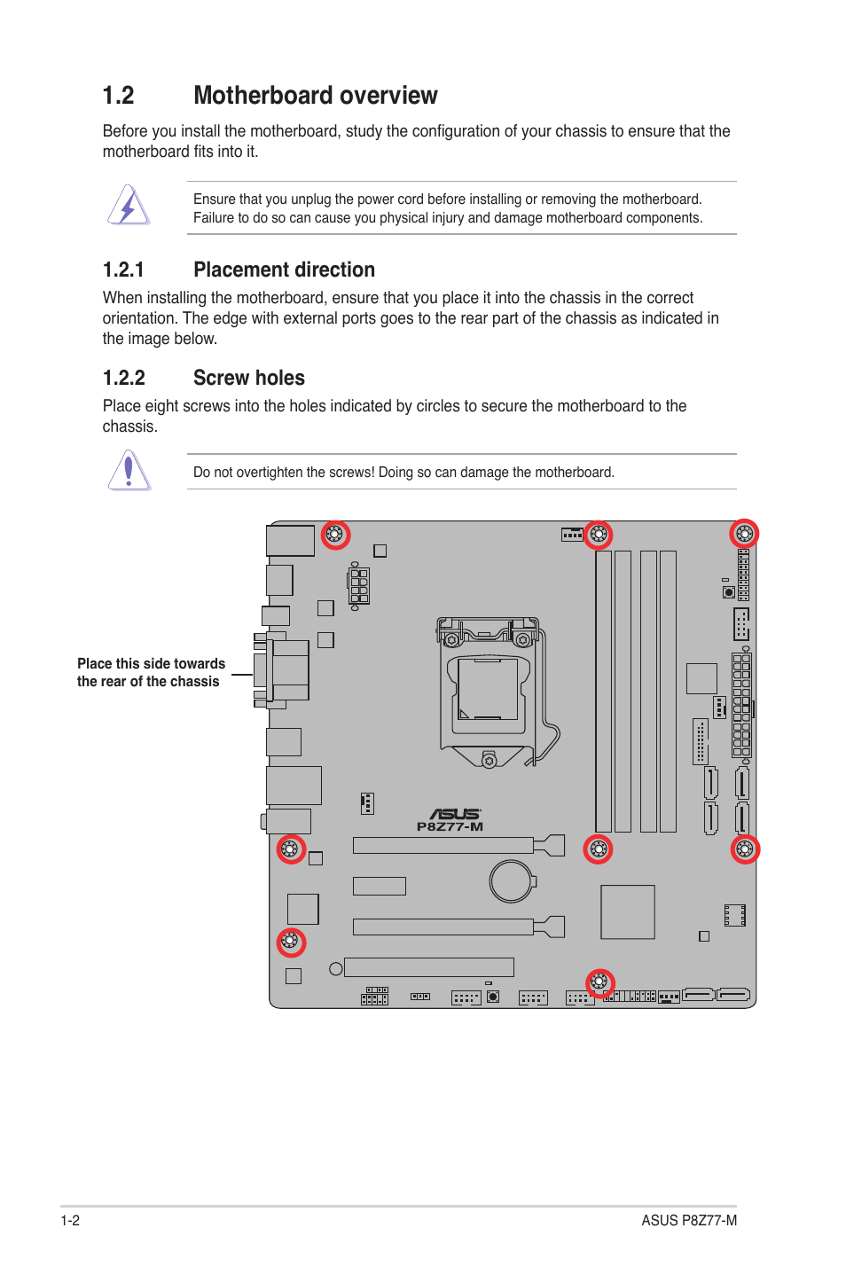 2 motherboard overview, 1 placement direction, 2 screw holes | Motherboard overview -2 1.2.1, Placement direction -2, Screw holes -2 | Asus Motherboard P8Z77-M User Manual | Page 12 / 74