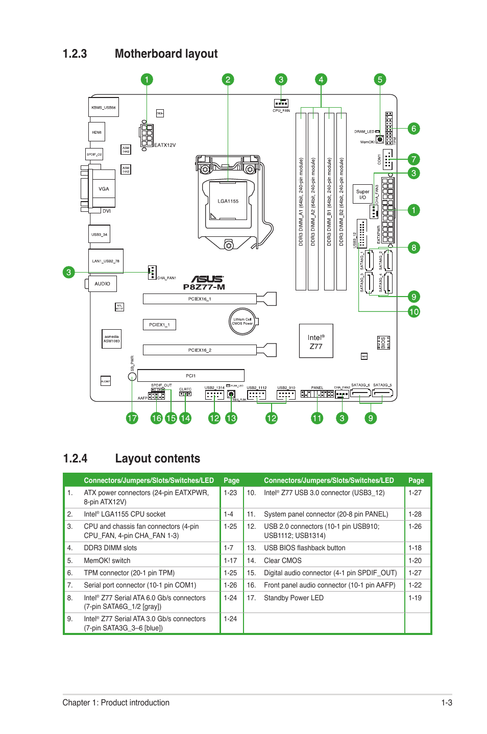 3 motherboard layout, 4 layout contents, Motherboard layout -3 | Layout contents -3, 3 motherboard layout 1.2.4 layout contents | Asus Motherboard P8Z77-M User Manual | Page 13 / 74