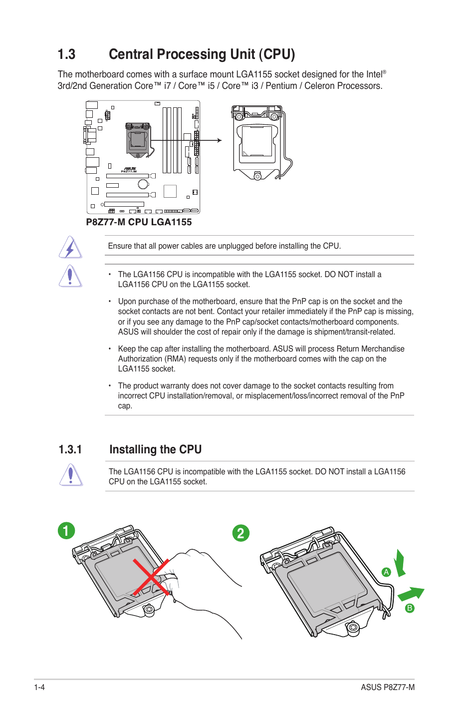 3 central processing unit (cpu), 1 installing the cpu, Central processing unit (cpu) -4 1.3.1 | Installing the cpu -4 | Asus Motherboard P8Z77-M User Manual | Page 14 / 74