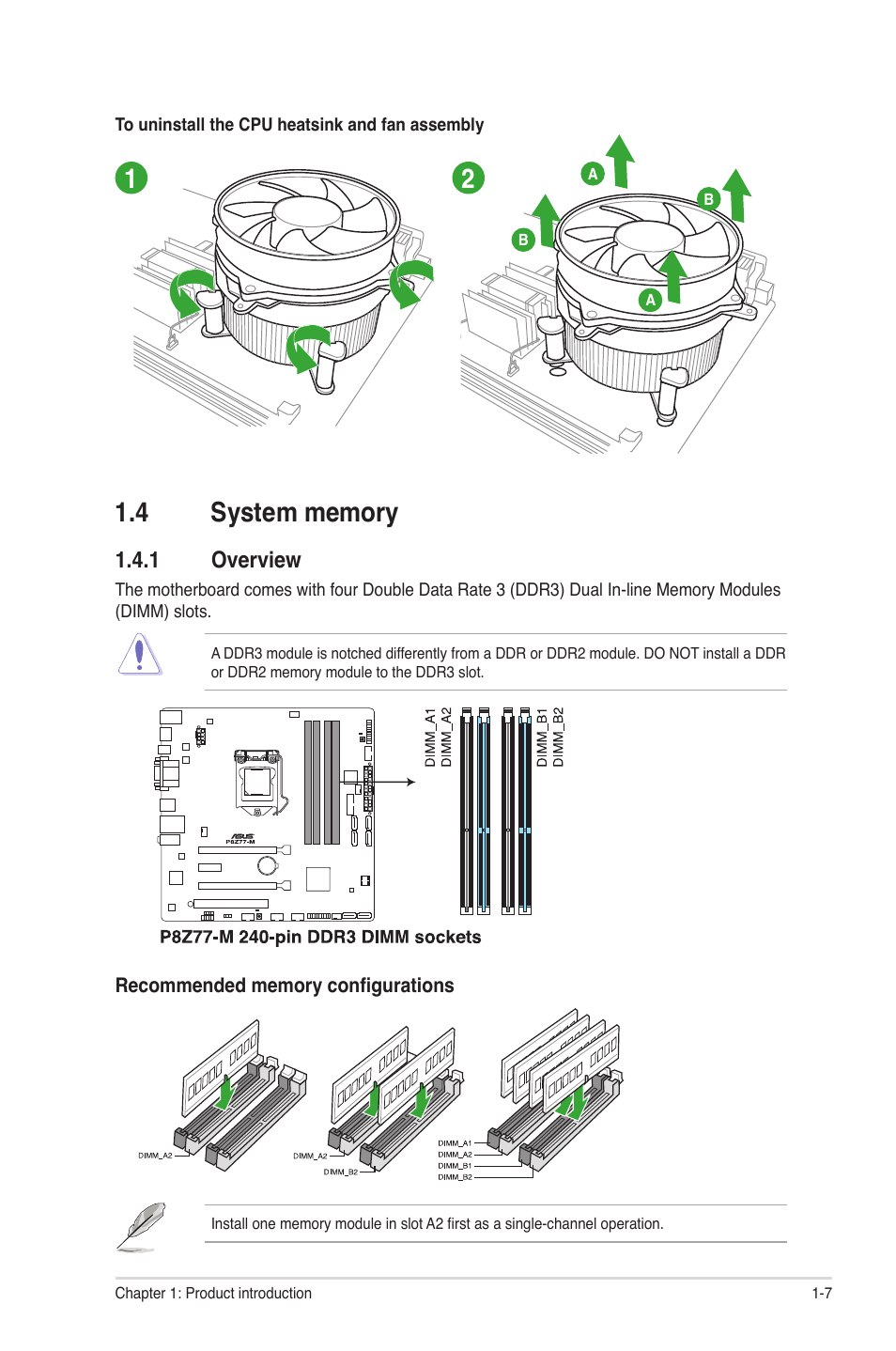 4 system memory, 1 overview, System memory -7 1.4.1 | Overview -7 | Asus Motherboard P8Z77-M User Manual | Page 17 / 74