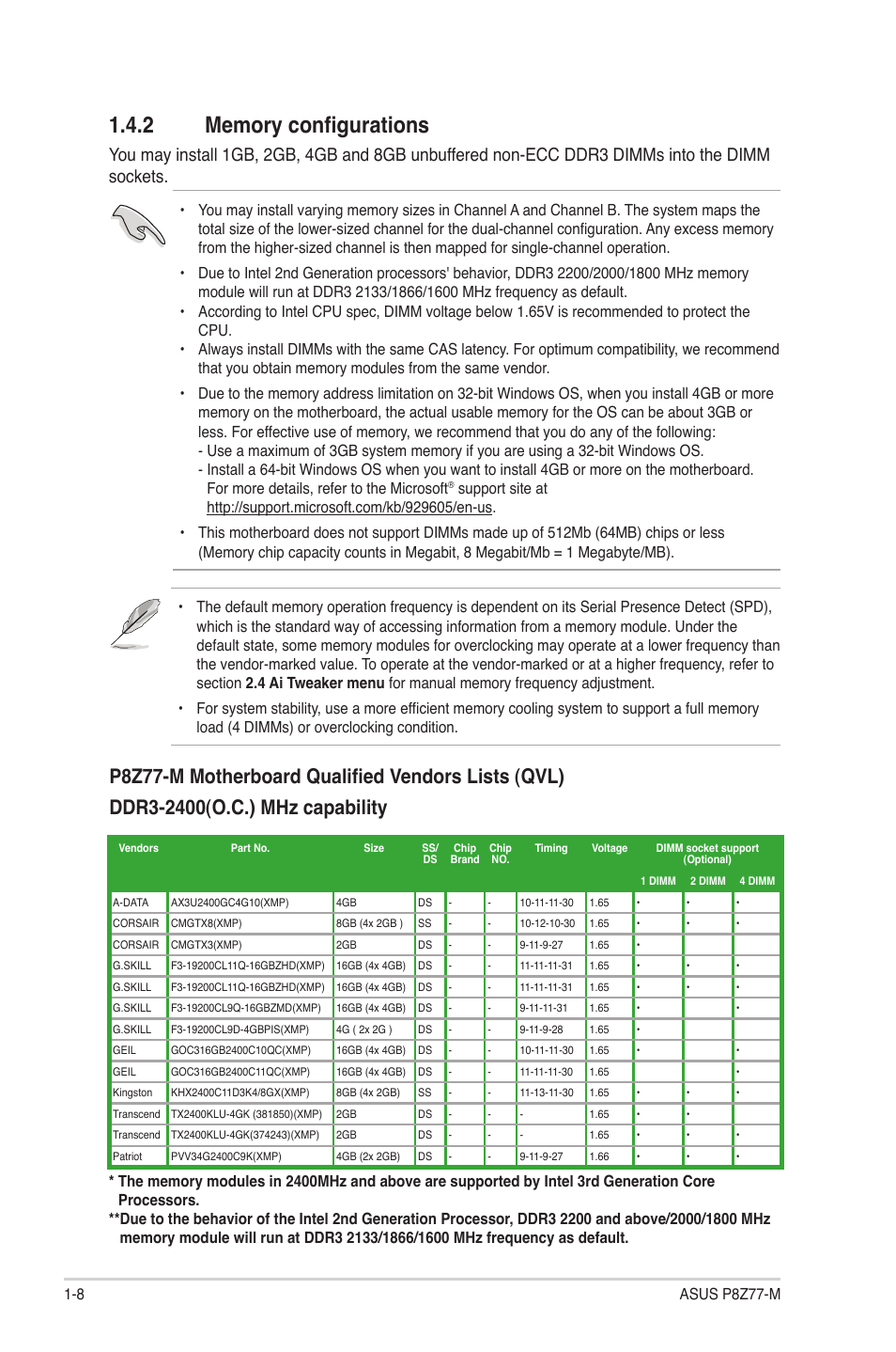 2 memory configurations, Memory configurations -8 | Asus Motherboard P8Z77-M User Manual | Page 18 / 74