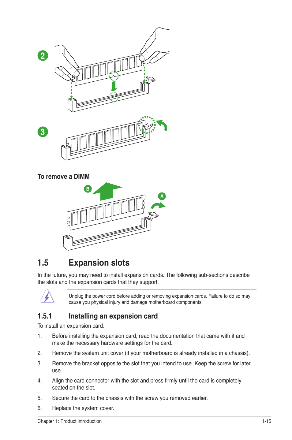 5 expansion slots, 1 installing an expansion card, Expansion slots -15 1.5.1 | Installing an expansion card -15 | Asus Motherboard P8Z77-M User Manual | Page 25 / 74