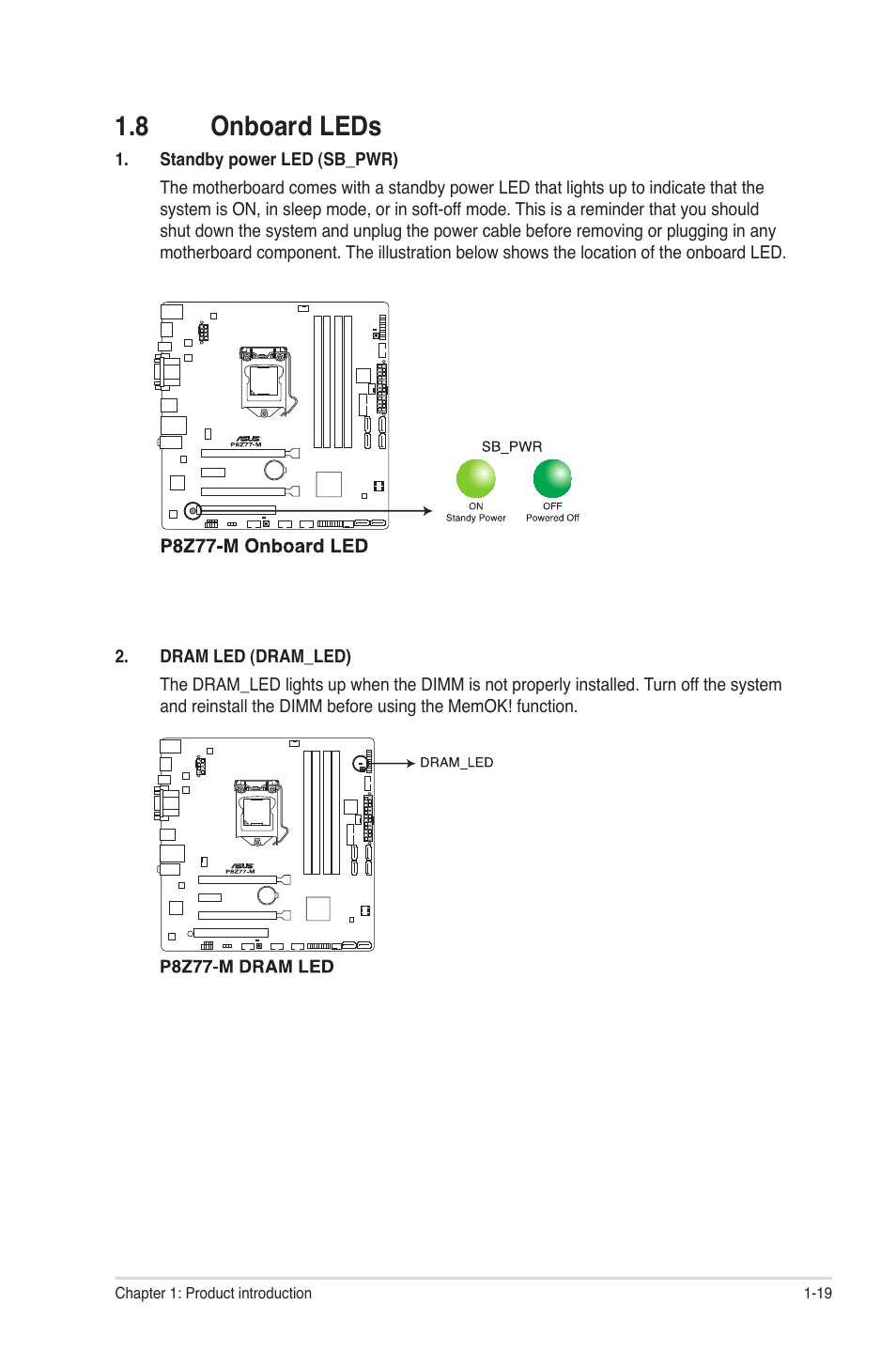 8 onboard leds, Onboard leds -19 | Asus Motherboard P8Z77-M User Manual | Page 29 / 74