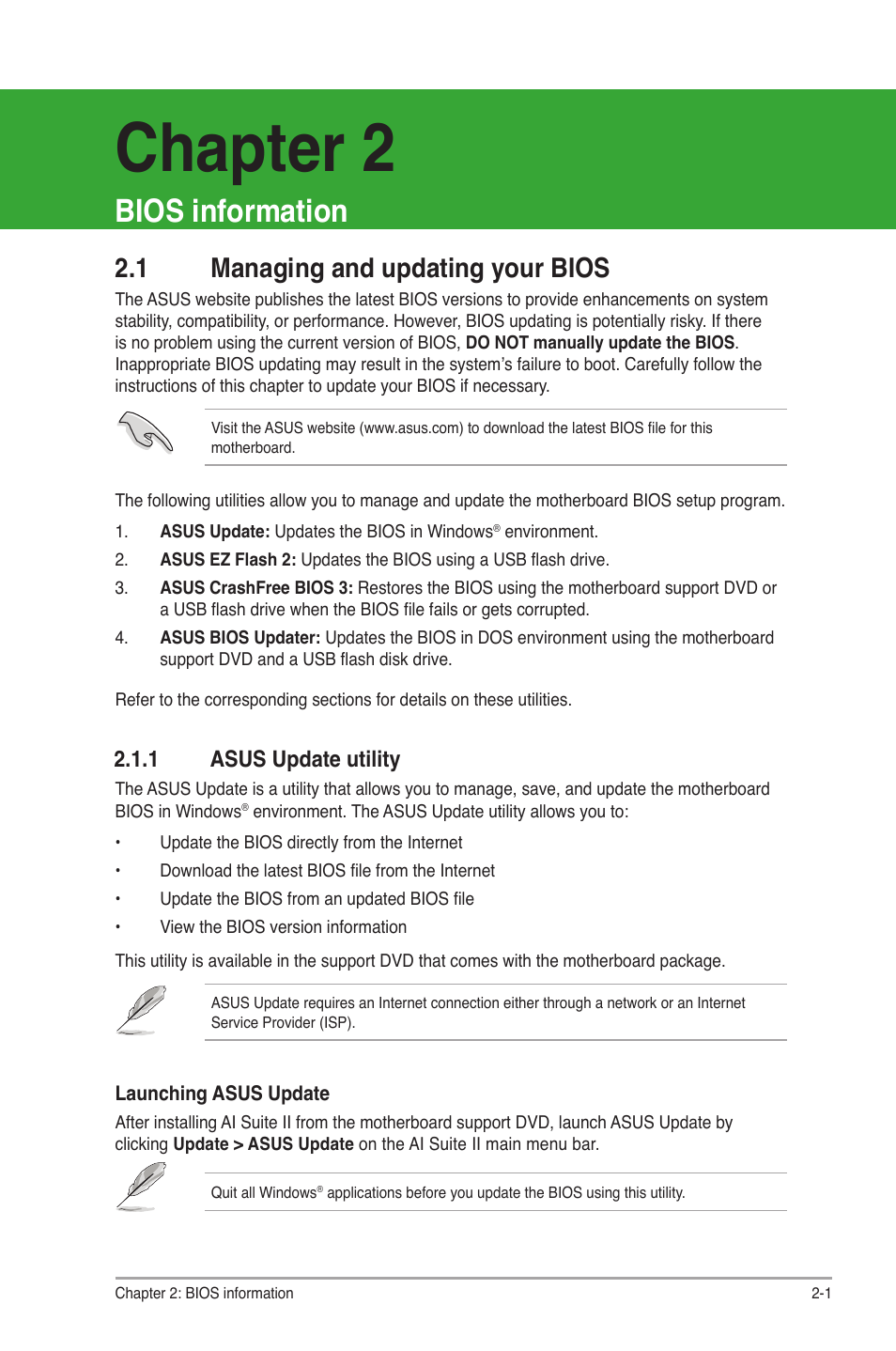 Chapter 2, Bios information, 1 managing and updating your bios | 1 asus update utility, Managing and updating your bios -1 2.1.1, Asus update utility -1 | Asus Motherboard P8Z77-M User Manual | Page 41 / 74