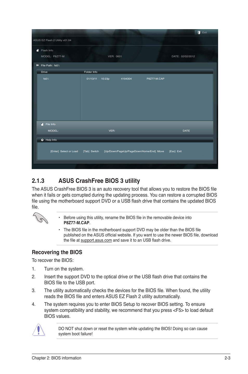 3 asus crashfree bios 3 utility, Asus crashfree bios 3 utility -3, Recovering the bios | Asus Motherboard P8Z77-M User Manual | Page 43 / 74